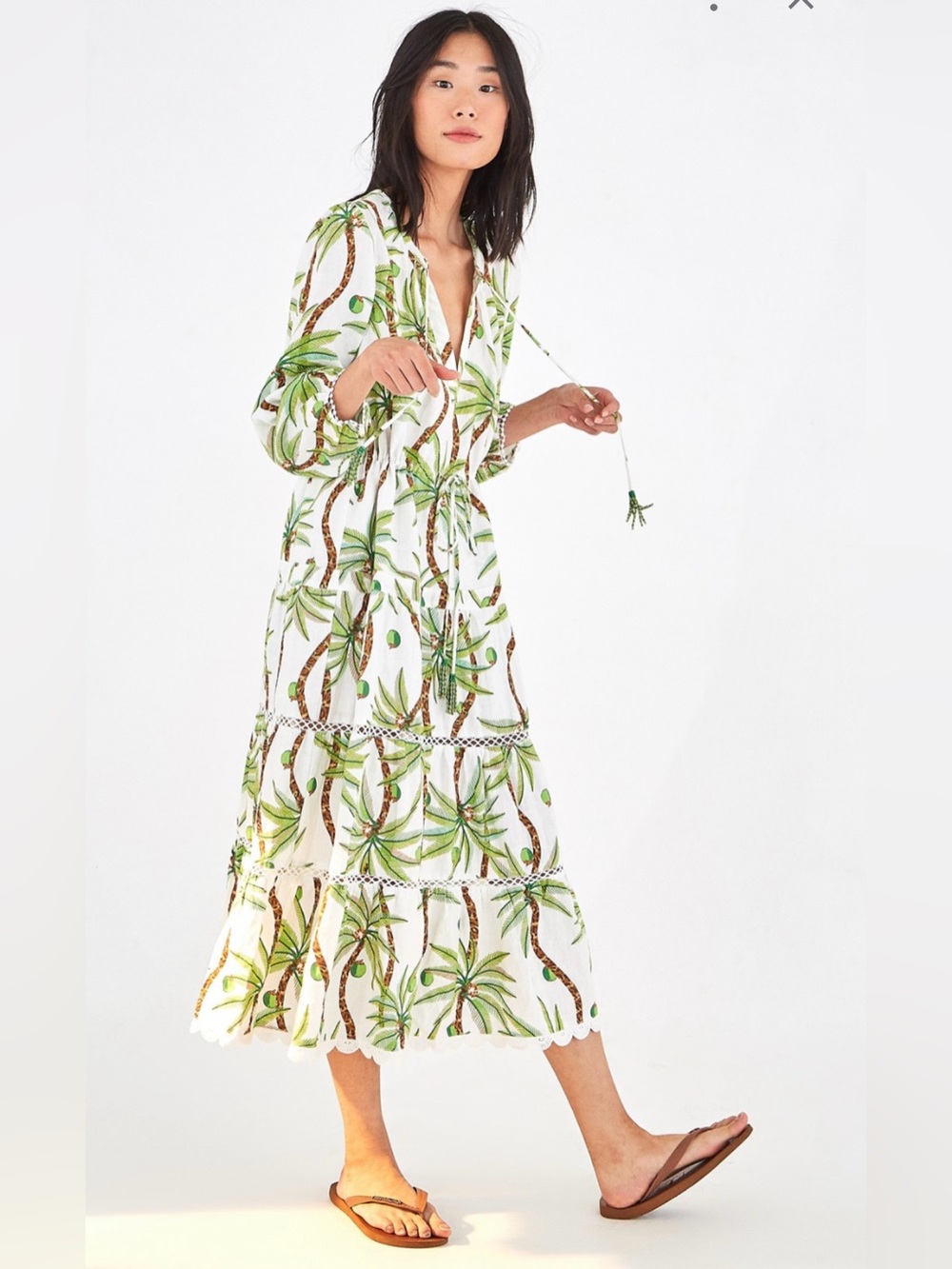 Farm Rio Bohemian Palm Tree Print Cotton Maxi Long Sleeve Dress Size Small